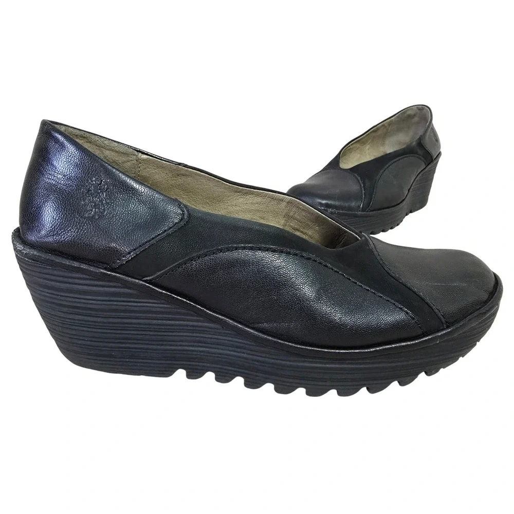 Fly London Black Leather Slip On Wedge Shoes EU‎ 41 Chunky Platform Pumps